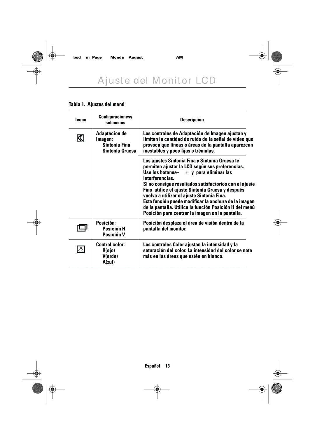 Samsung CN17VTSN/EDC manual Adaptacíon de, Imagen, Posición, Control color 