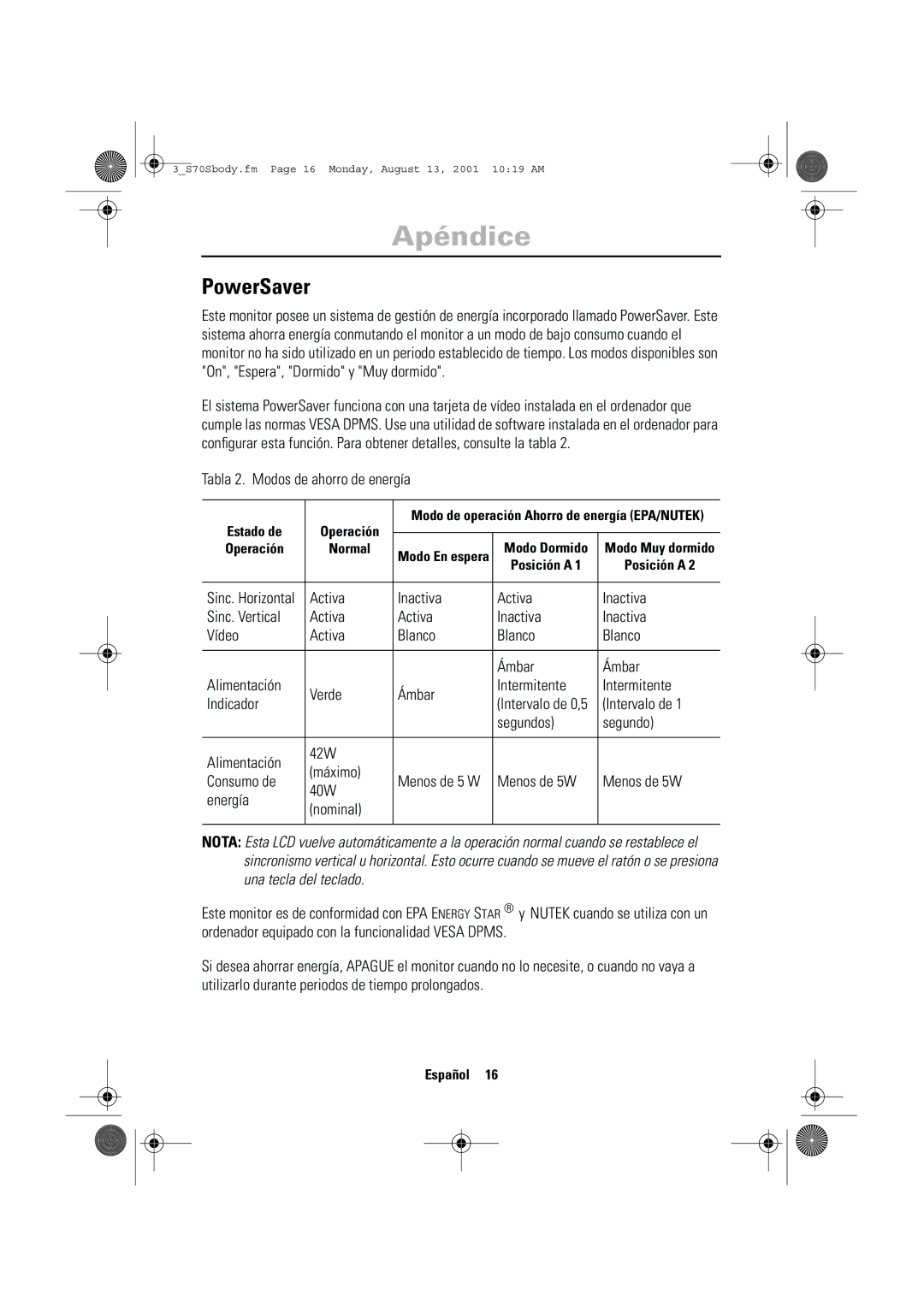 Samsung CN17VTSN/EDC manual Apéndice, PowerSaver 