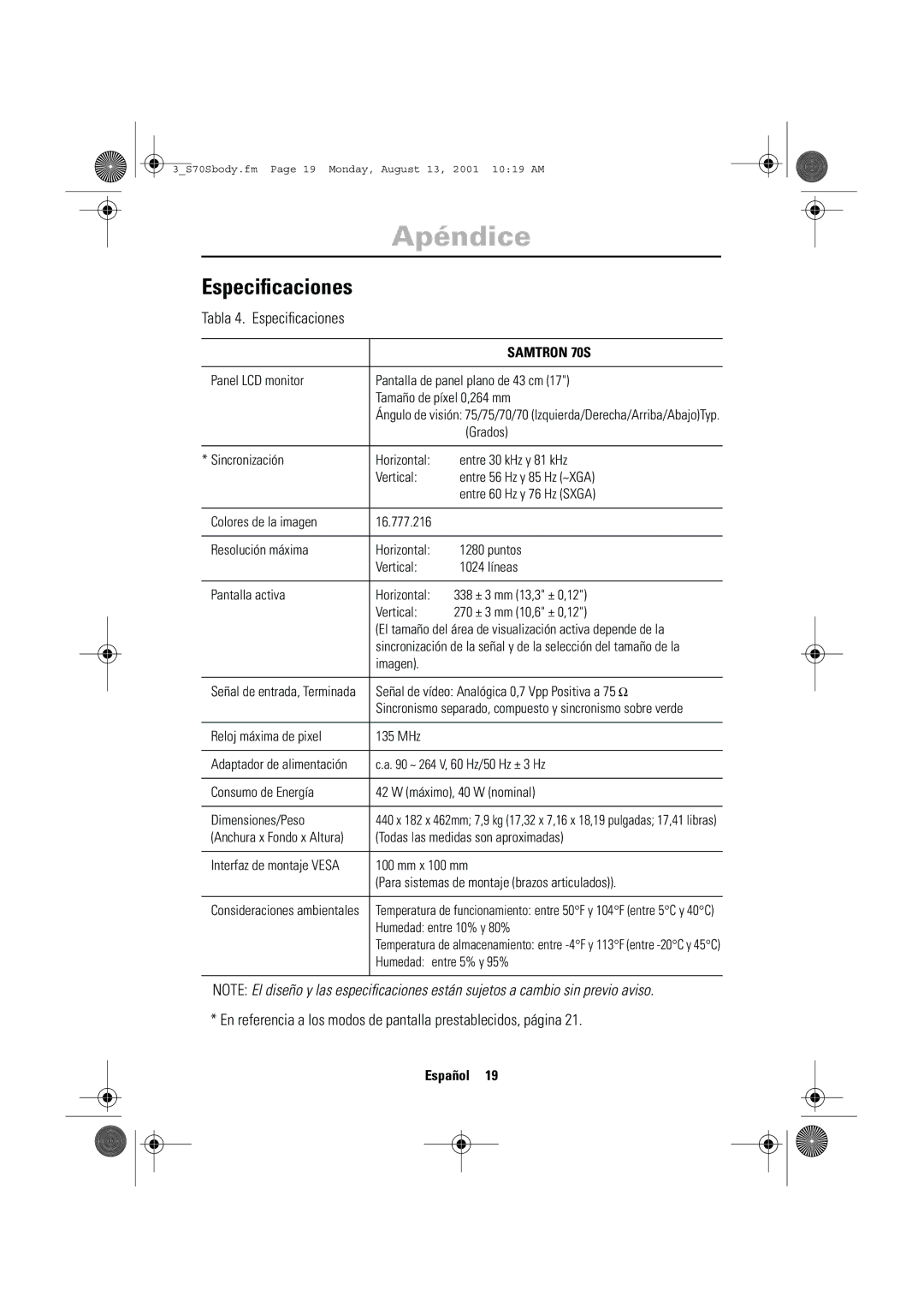 Samsung CN17VTSN/EDC manual Tabla 4. Especiﬁcaciones 