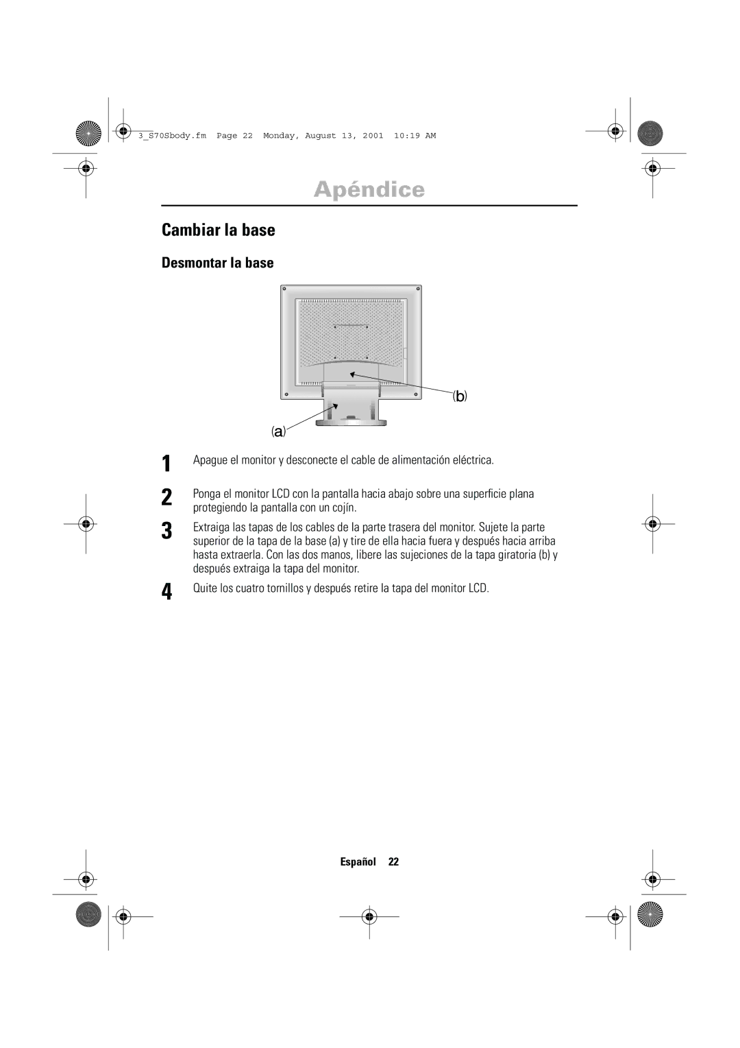 Samsung CN17VTSN/EDC manual Cambiar la base, Desmontar la base, Protegiendo la pantalla con un cojín 