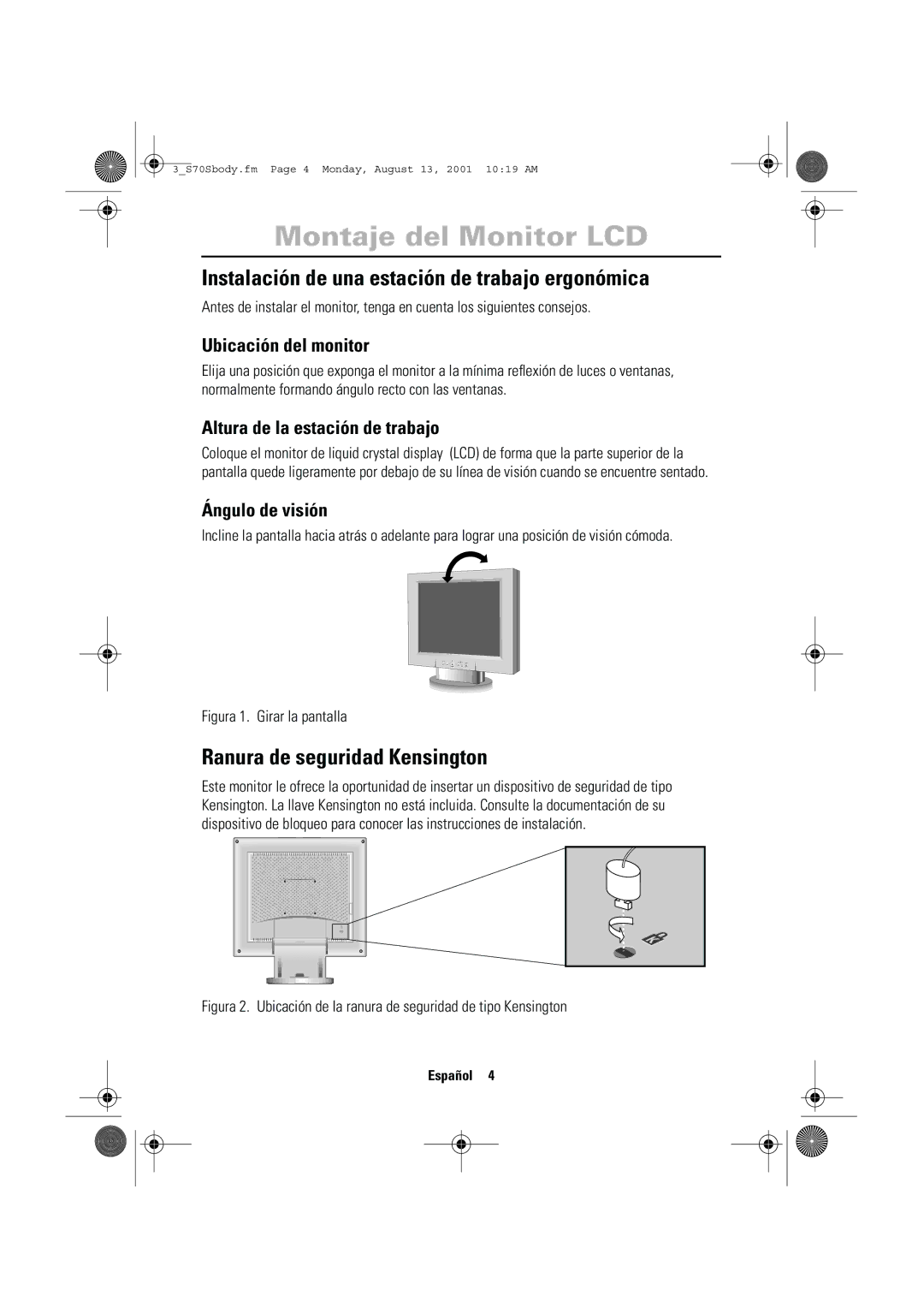 Samsung CN17VTSN/EDC manual Montaje del Monitor LCD, Instalación de una estación de trabajo ergonómica 