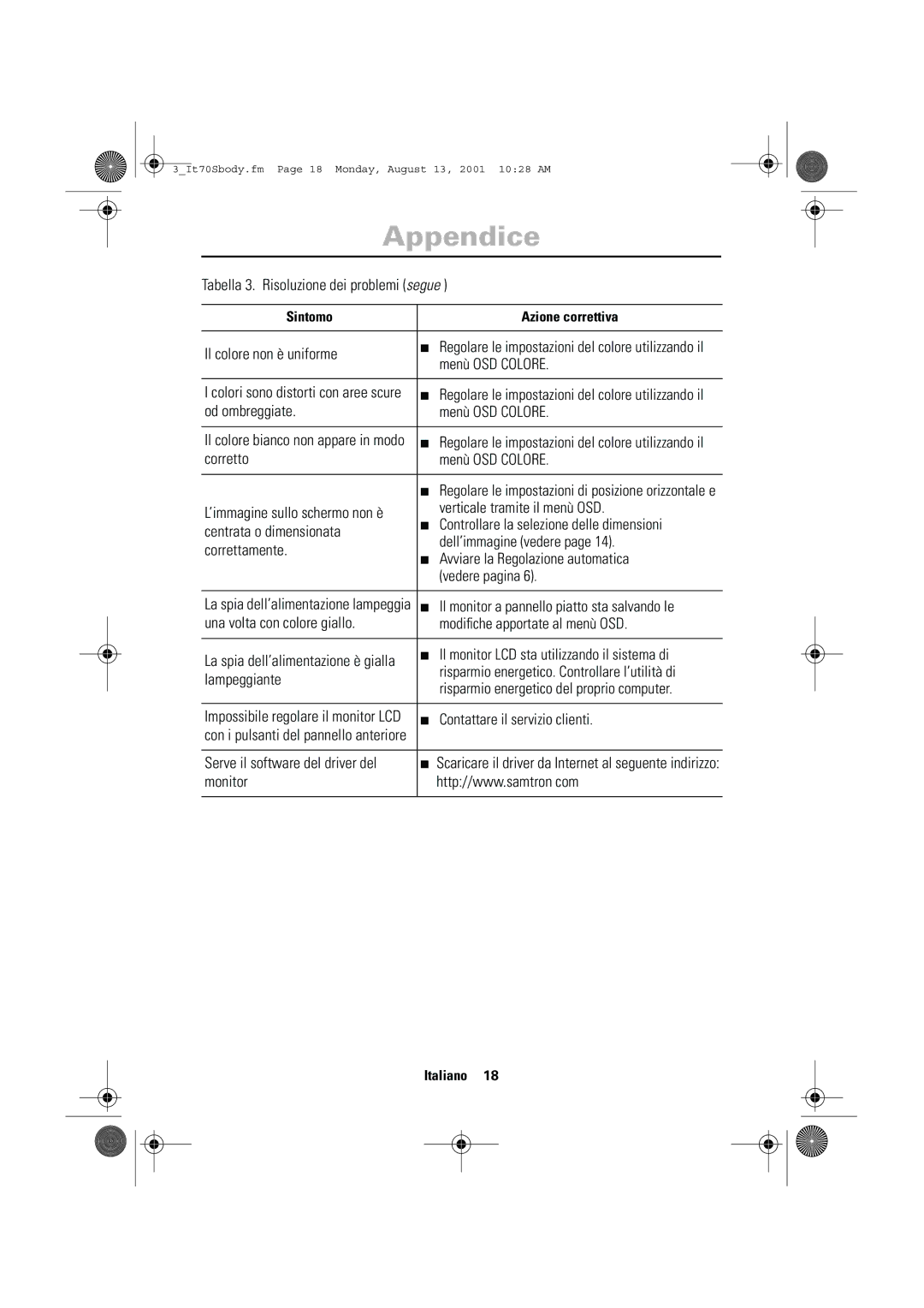 Samsung CN17VTSN/EDC manual Tabella 3. Risoluzione dei problemi segue, Il colore non è uniforme, Menù OSD Colore 