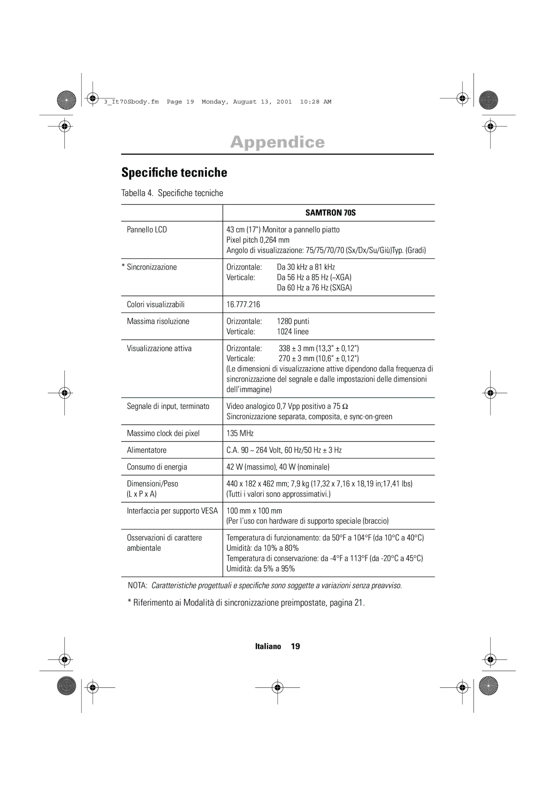 Samsung CN17VTSN/EDC manual Tabella 4. Speciﬁche tecniche 