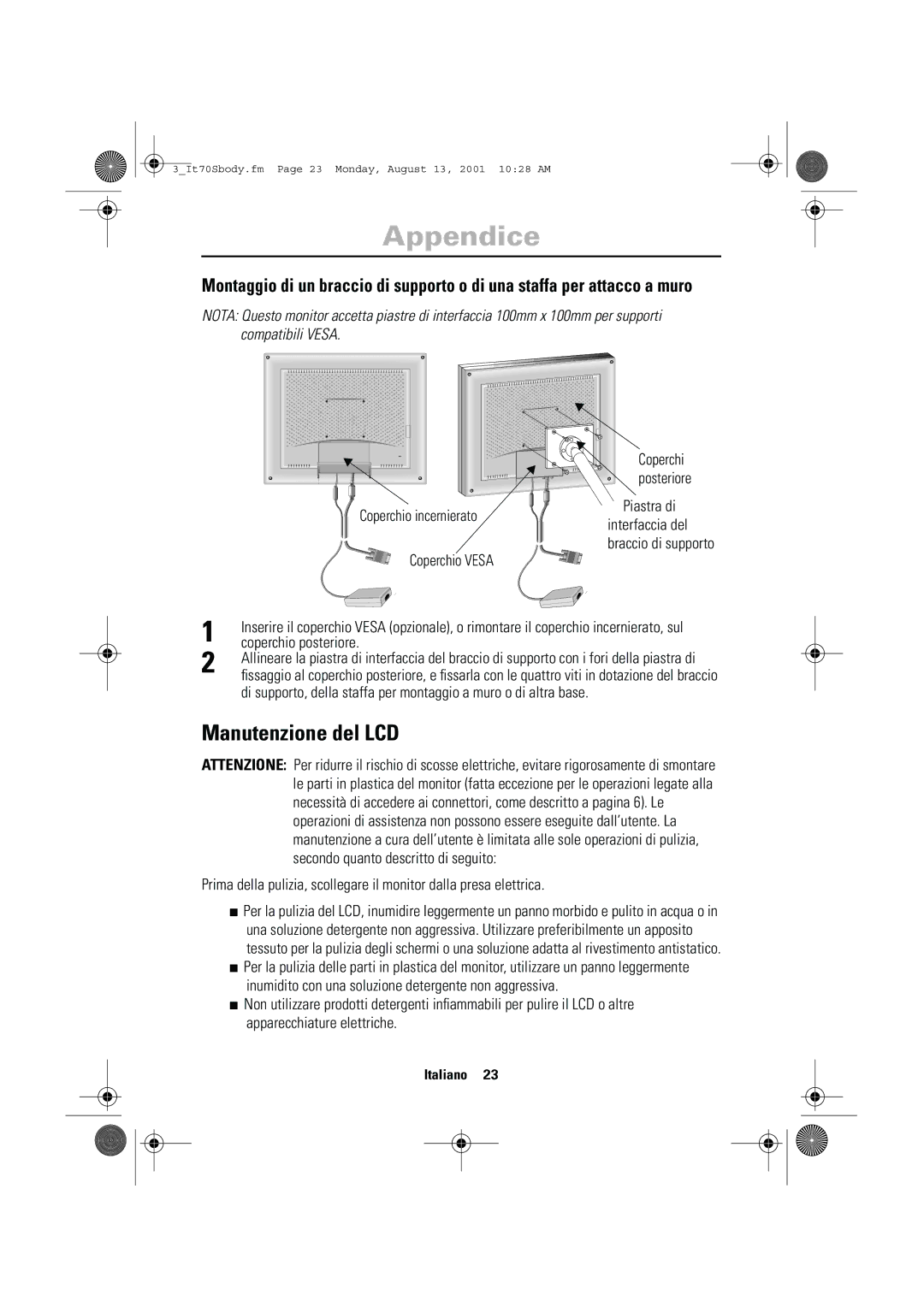 Samsung CN17VTSN/EDC manual Manutenzione del LCD, Posteriore, Coperchio posteriore 