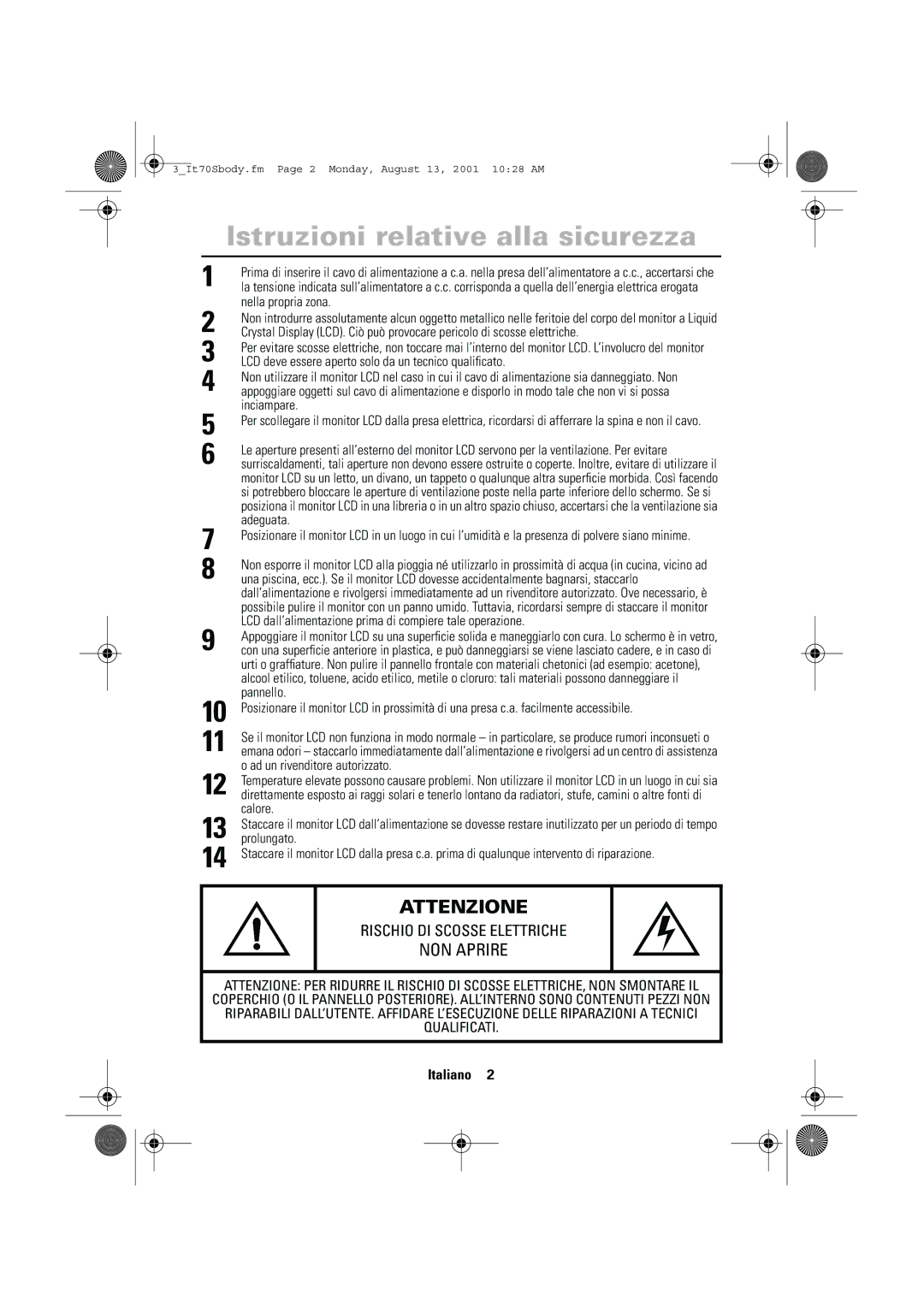 Samsung CN17VTSN/EDC manual Istruzioni relative alla sicurezza, Nella propria zona 