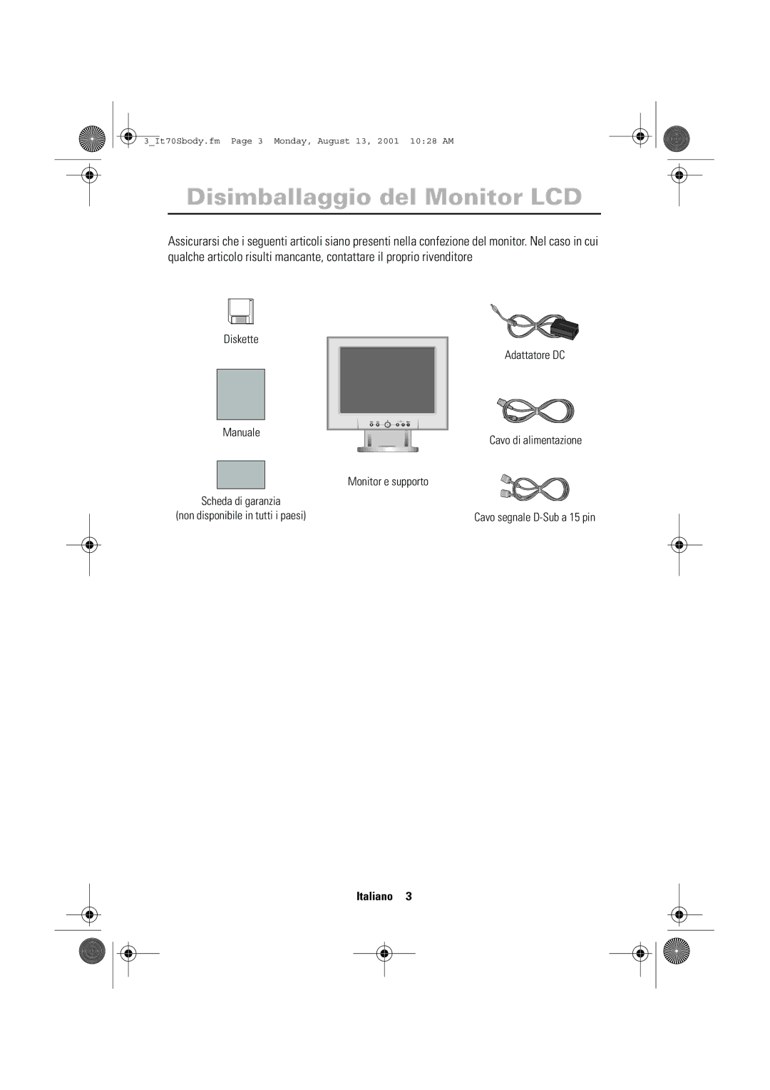 Samsung CN17VTSN/EDC manual Disimballaggio del Monitor LCD, English 