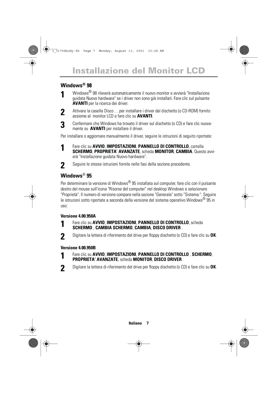 Samsung CN17VTSN/EDC Windows, Versione 4.00.950A, Versione 4.00.950B, PROPRIETA’ AVANZATE, scheda MONITOR, Disco Driver 