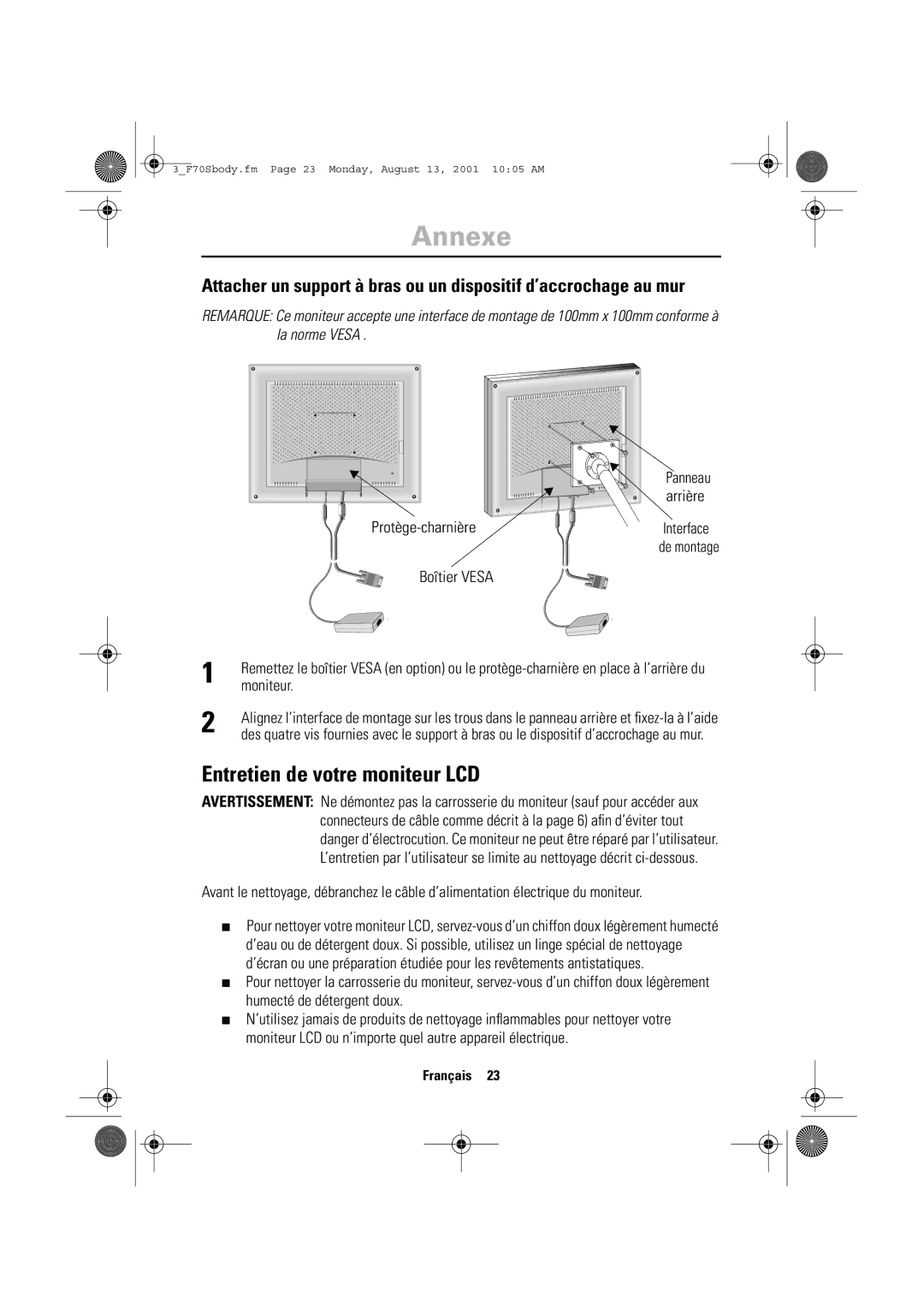 Samsung CN17VTSN/EDC manual Entretien de votre moniteur LCD, Arrière, Protège-charnière, De montage Boîtier Vesa 