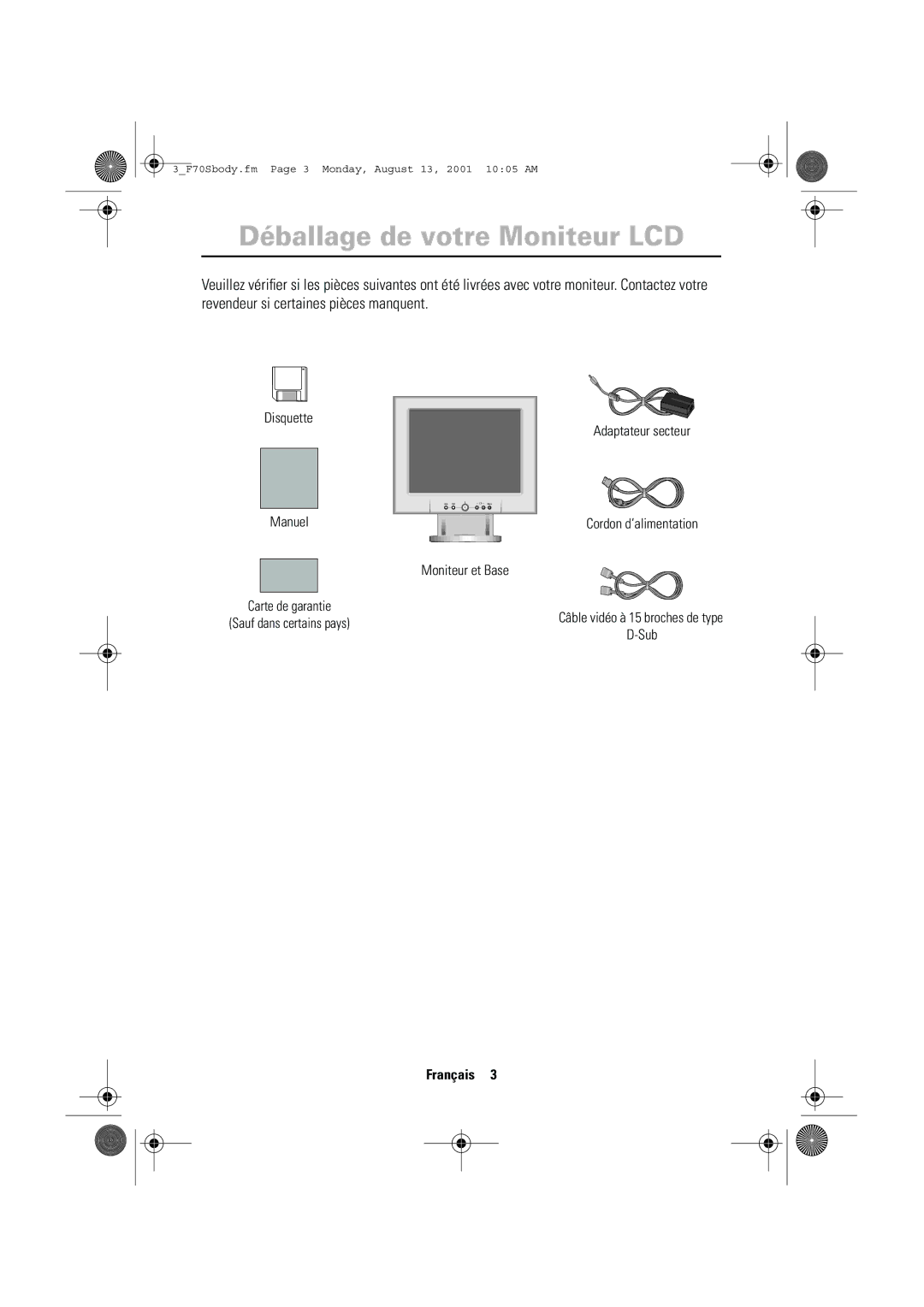 Samsung CN17VTSN/EDC manual Déballage de votre Moniteur LCD, Français 