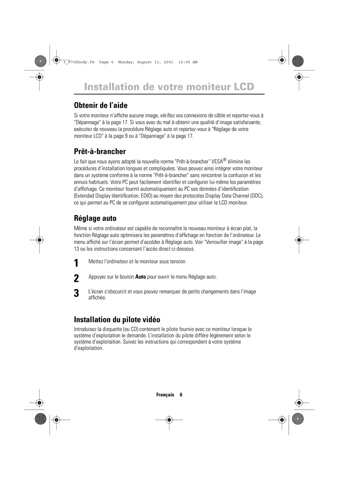 Samsung CN17VTSN/EDC manual Obtenir de l’aide, Prêt-à-brancher, Réglage auto, Installation du pilote vidéo, Afﬁchée 