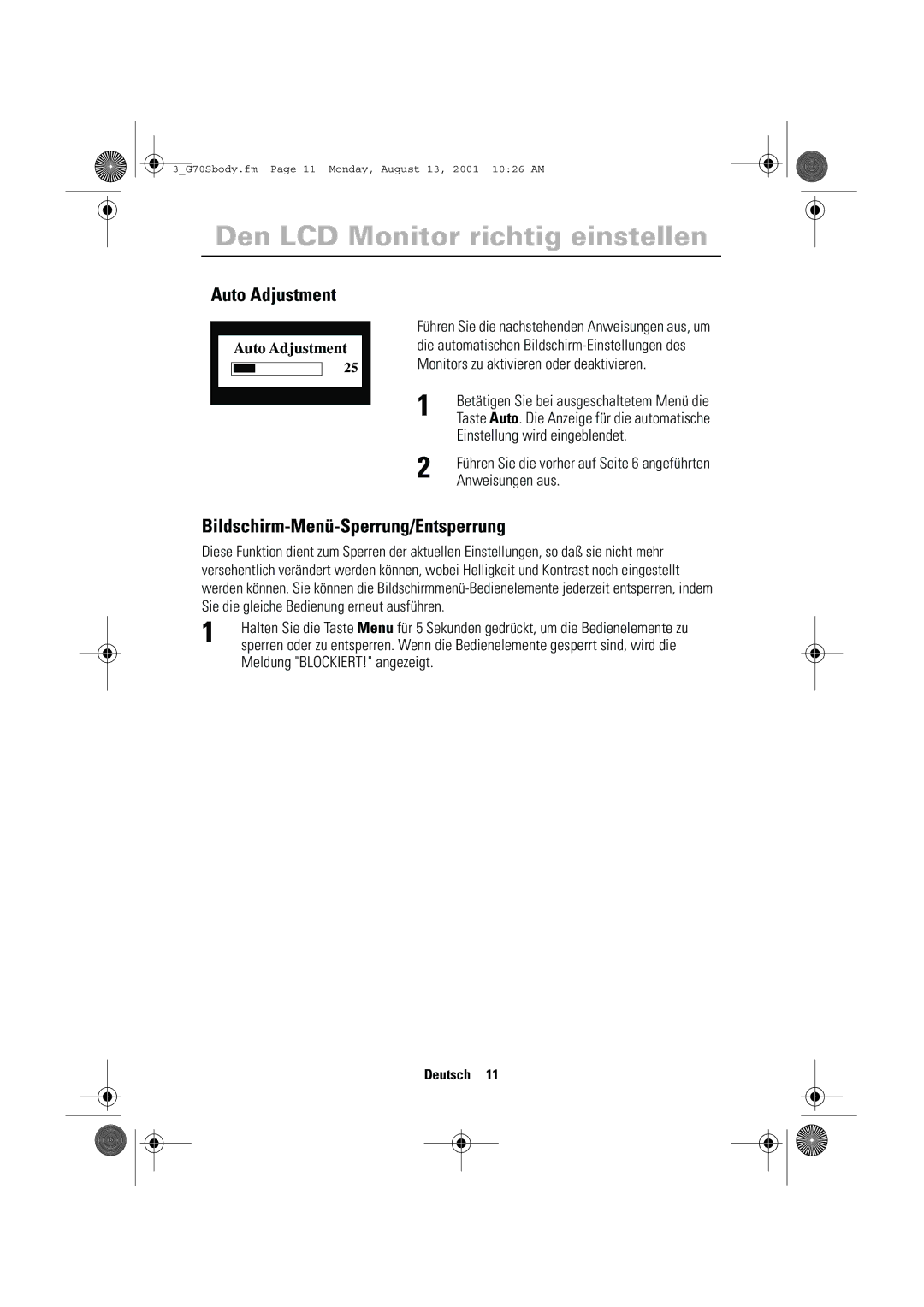 Samsung CN17VTSN/EDC Auto Adjustment, Bildschirm-Menü-Sperrung/Entsperrung, Einstellung wird eingeblendet, Anweisungen aus 