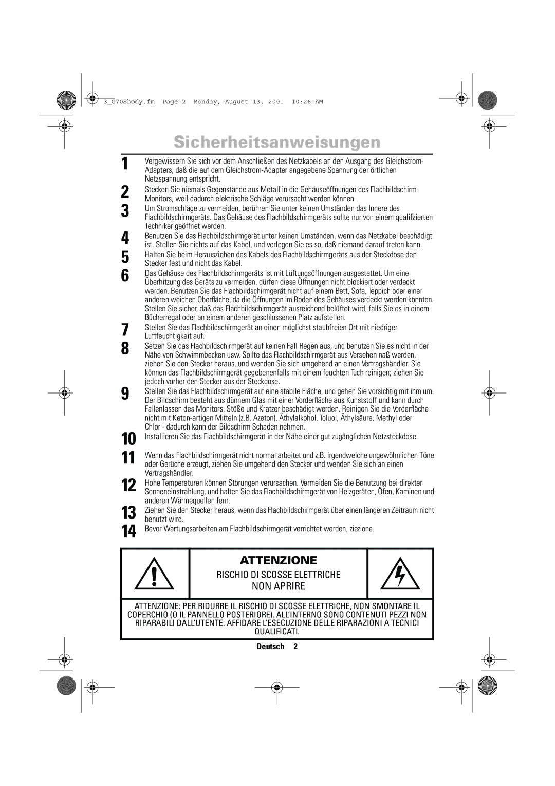 Samsung CN17VTSN/EDC manual Sicherheitsanweisungen, Techniker geöffnet werden 