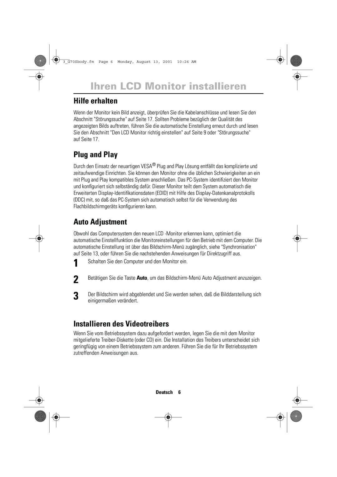 Samsung CN17VTSN/EDC manual Hilfe erhalten, Plug and Play, Auto Adjustment, Installieren des Videotreibers 