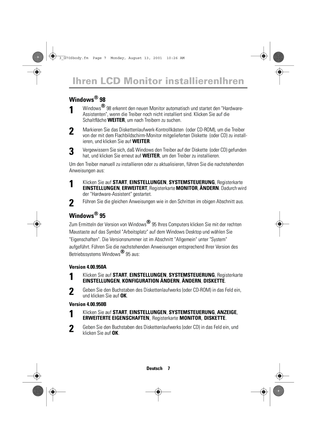 Samsung CN17VTSN/EDC manual Ihren LCD Monitor installierenIhren, Windows, Version 4.00.950A, Version 4.00.950B 