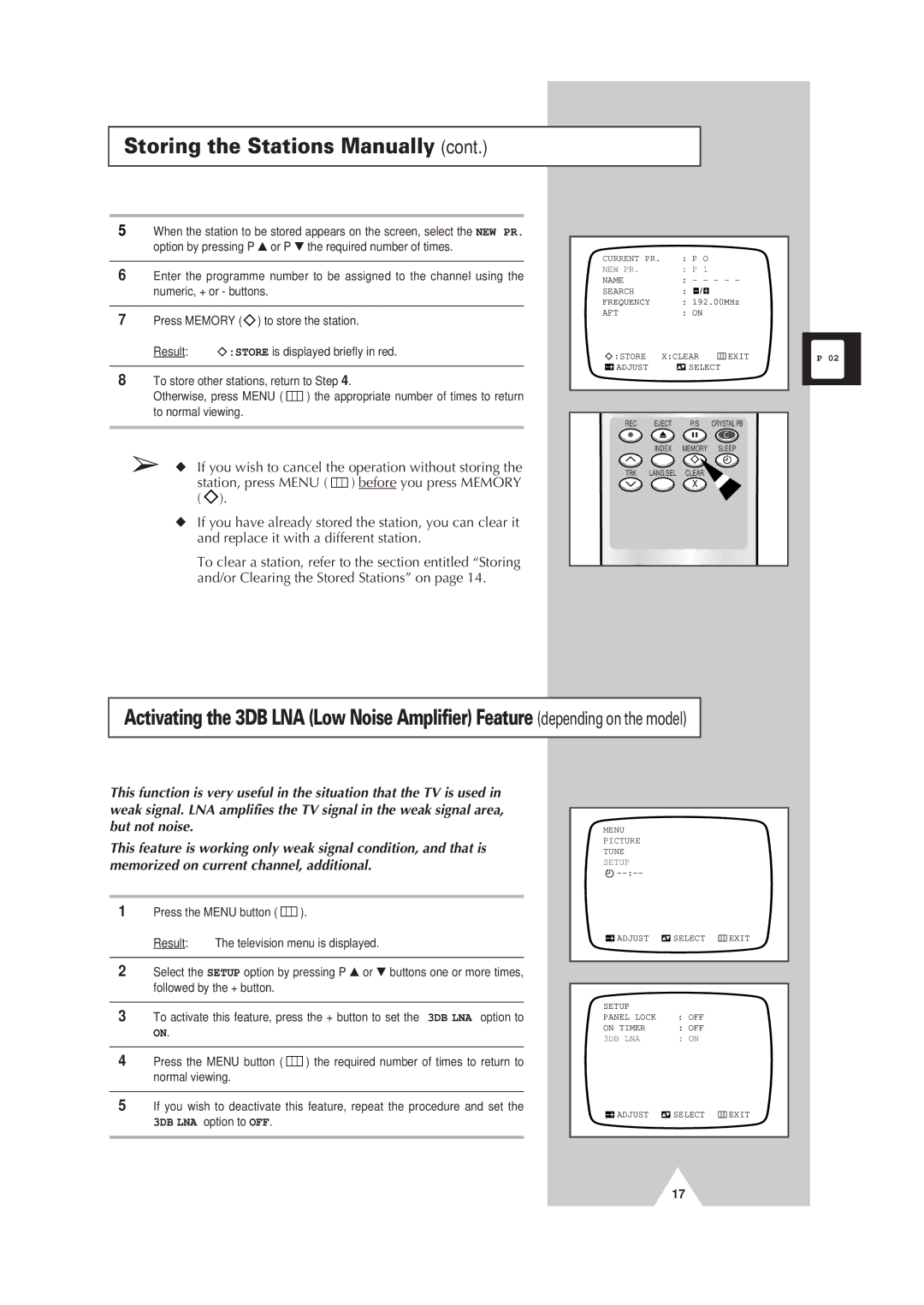 Samsung Colour TV/VCR manual 3DB LNA option to OFF 