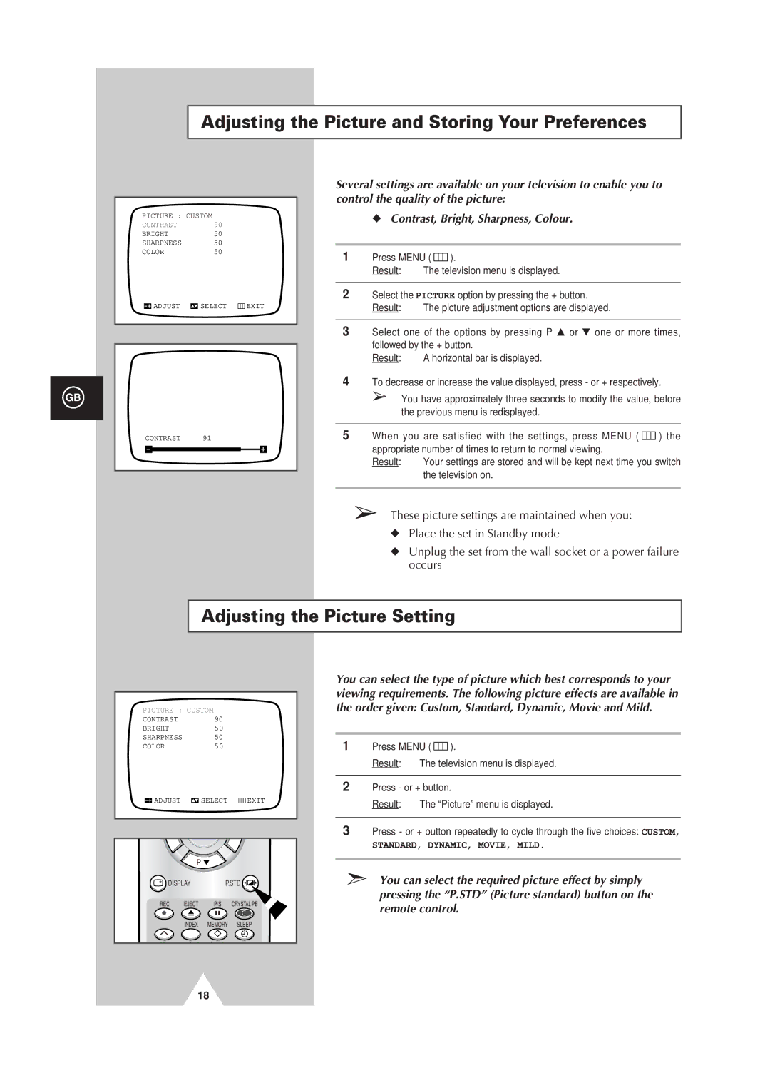 Samsung Colour TV/VCR manual Adjusting the Picture and Storing Your Preferences, Adjusting the Picture Setting 