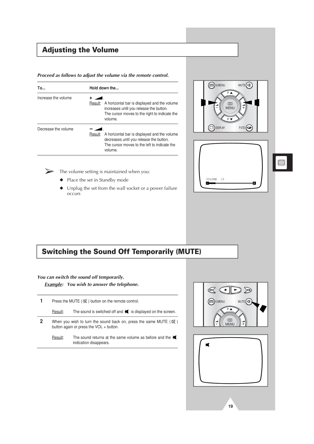 Samsung Colour TV/VCR manual Adjusting the Volume, Switching the Sound Off Temporarily Mute 