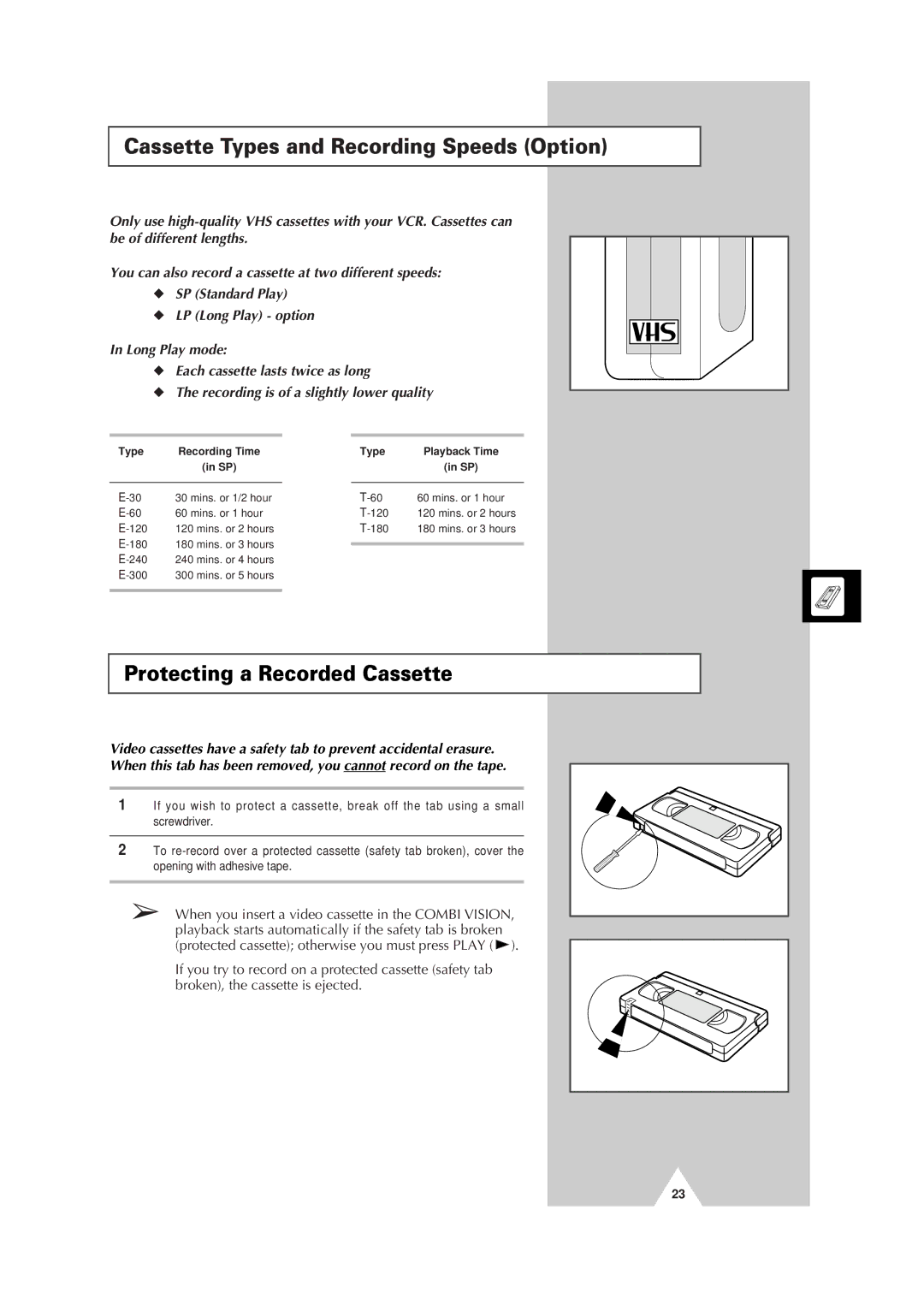 Samsung Colour TV/VCR manual Cassette Types and Recording Speeds Option, Type Recording Time 