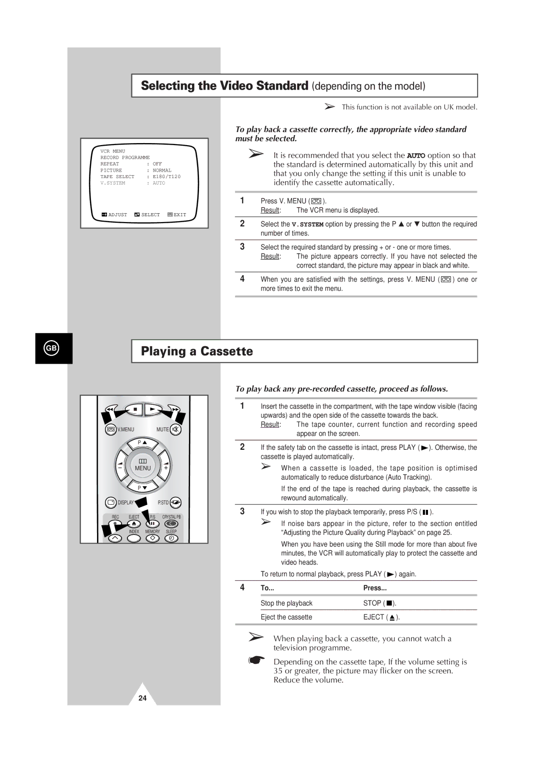 Samsung Colour TV/VCR manual Selecting the Video Standard depending on the model, Playing a Cassette 