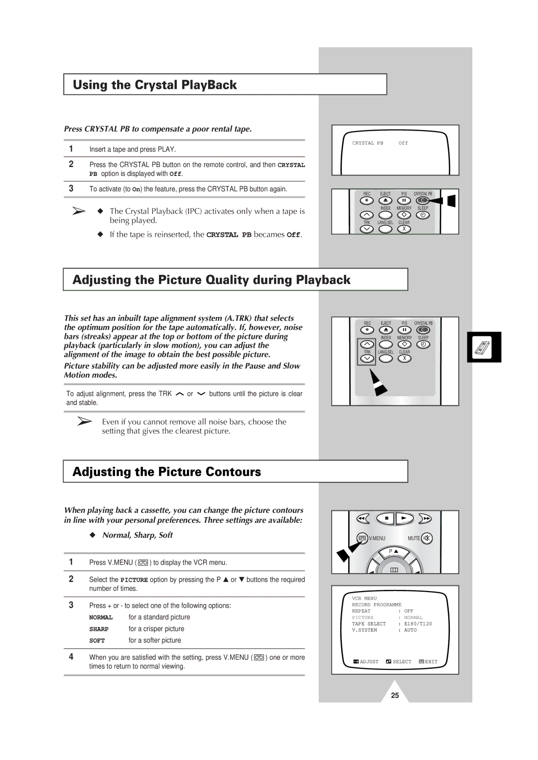 Samsung Colour TV/VCR manual Using the Crystal PlayBack, Adjusting the Picture Quality during Playback, Normal, Sharp, Soft 