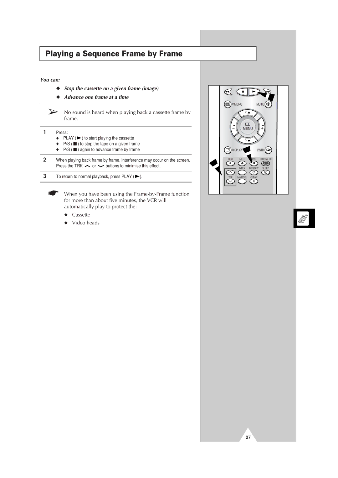 Samsung Colour TV/VCR manual Playing a Sequence Frame by Frame 