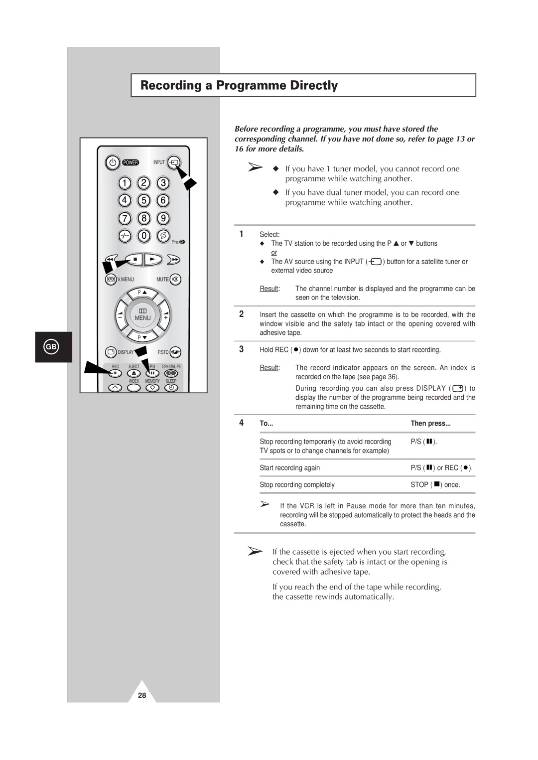 Samsung Colour TV/VCR manual Recording a Programme Directly 