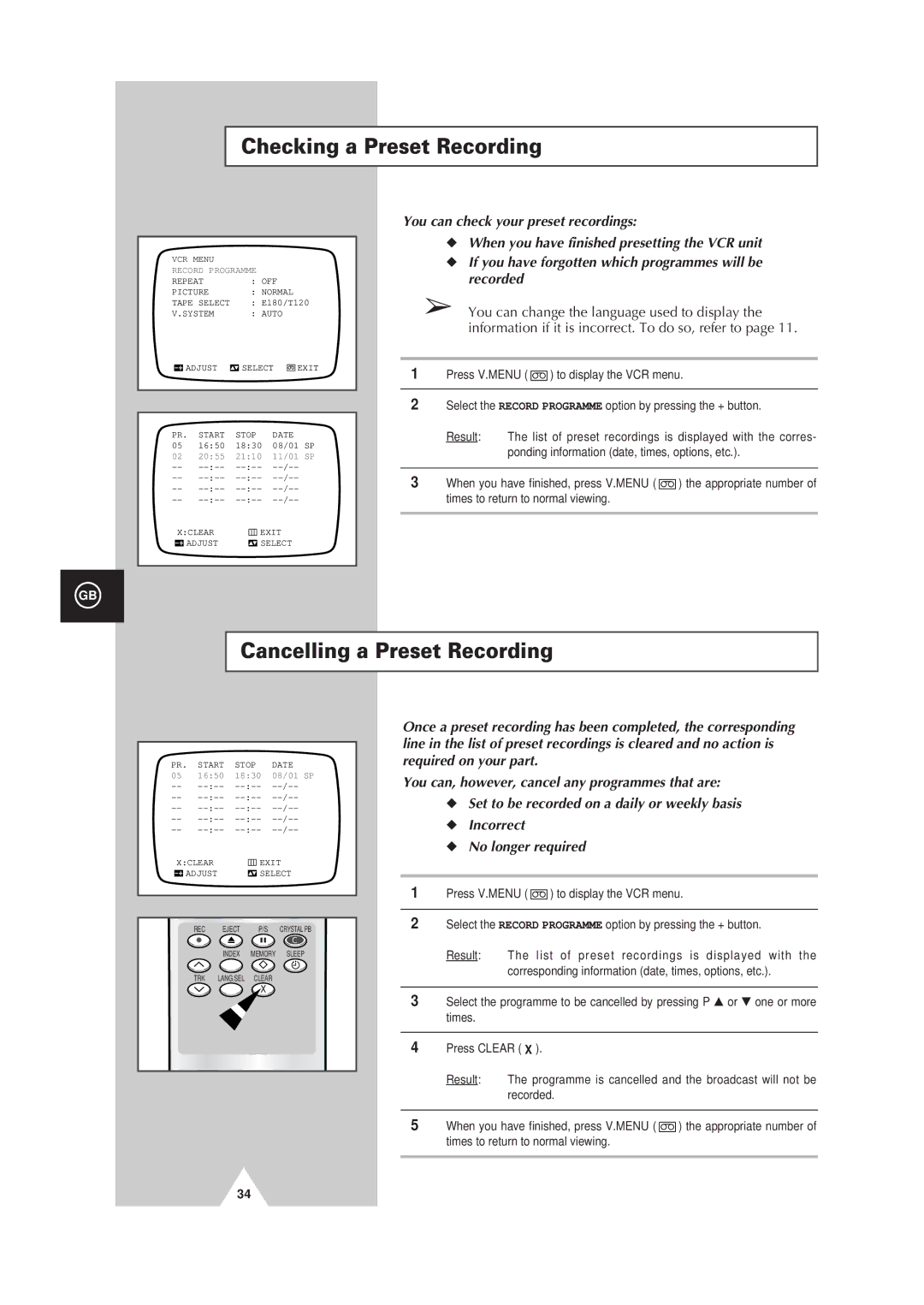 Samsung Colour TV/VCR Checking a Preset Recording, Cancelling a Preset Recording, You can check your preset recordings 