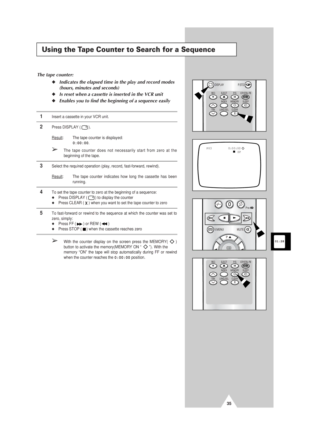 Samsung Colour TV/VCR manual Using the Tape Counter to Search for a Sequence, 00000 