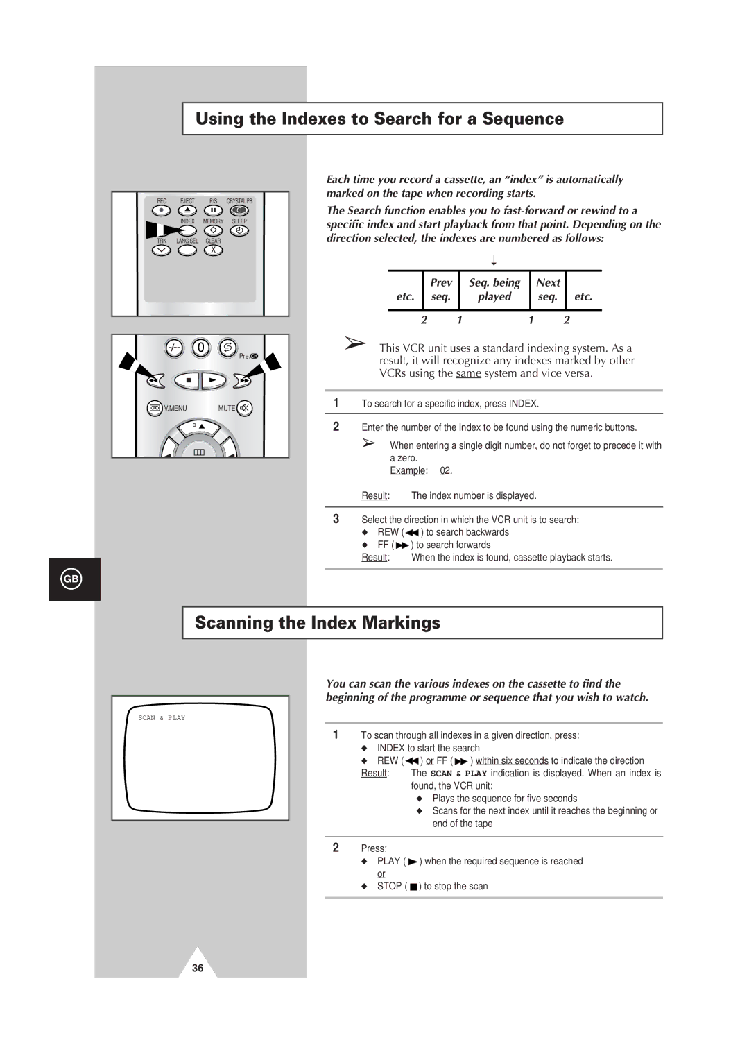 Samsung Colour TV/VCR manual Using the Indexes to Search for a Sequence, Scanning the Index Markings, Next, Seq. etc 