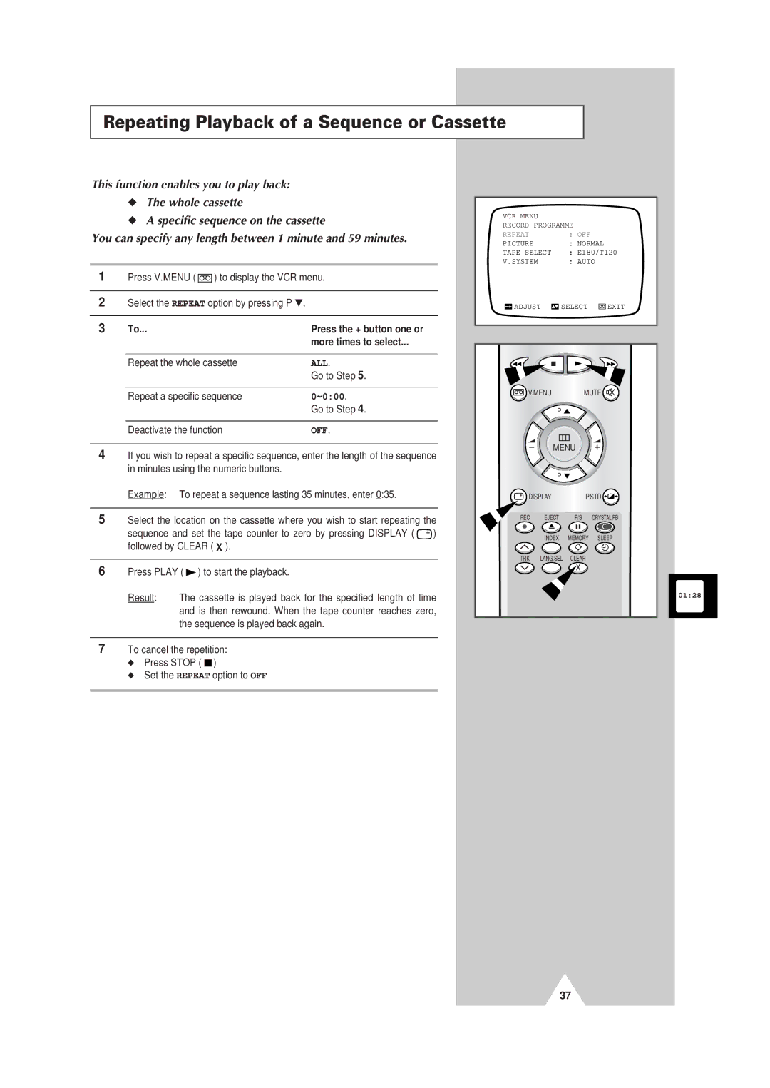 Samsung Colour TV/VCR manual Repeating Playback of a Sequence or Cassette, Off 