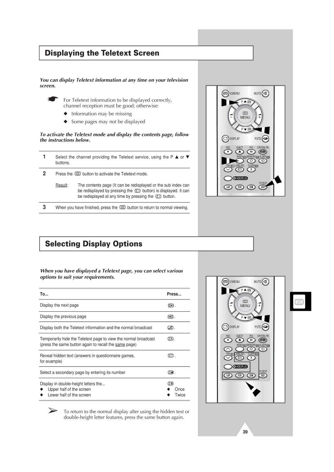 Samsung Colour TV/VCR manual Displaying the Teletext Screen, Selecting Display Options 