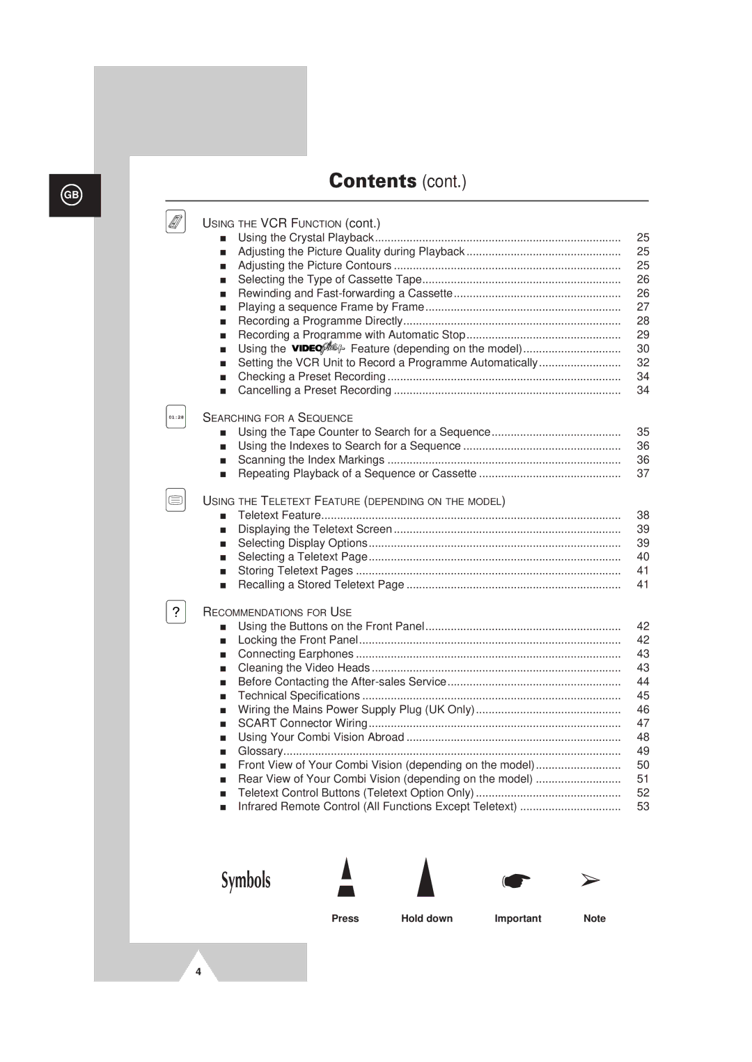 Samsung Colour TV/VCR manual Symbols, Press Hold down 