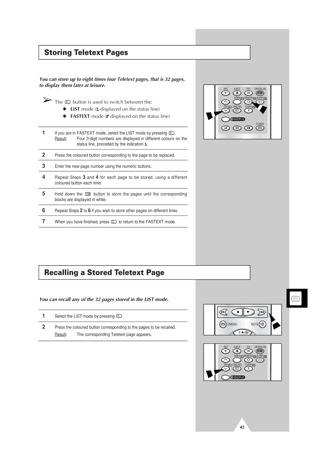 Samsung Colour TV/VCR manual Storing Teletext Pages, Recalling a Stored Teletext 