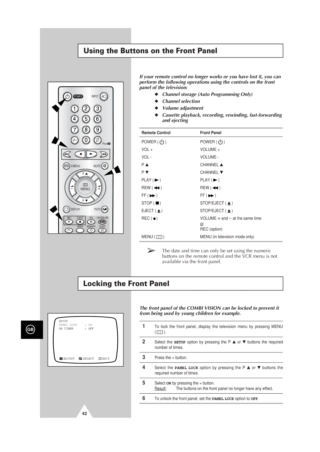 Samsung Colour TV/VCR manual Using the Buttons on the Front Panel, Locking the Front Panel, Remote Control Front Panel 