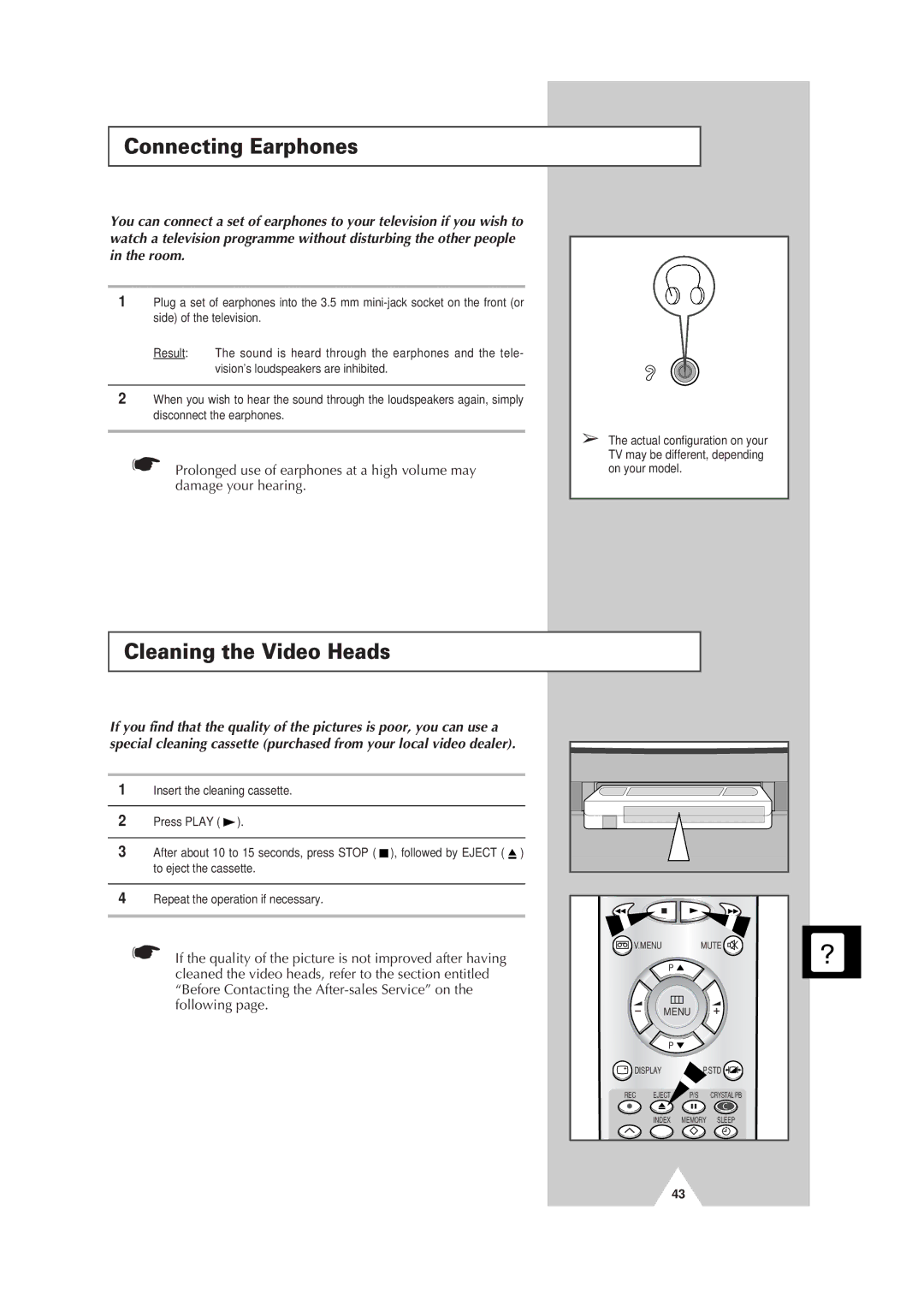 Samsung Colour TV/VCR manual Connecting Earphones, Cleaning the Video Heads 