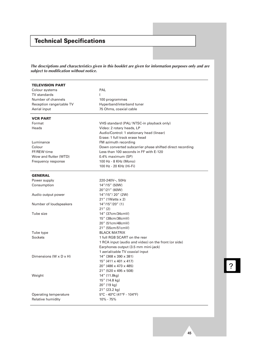 Samsung Colour TV/VCR manual Technical Specifications, Television Part 