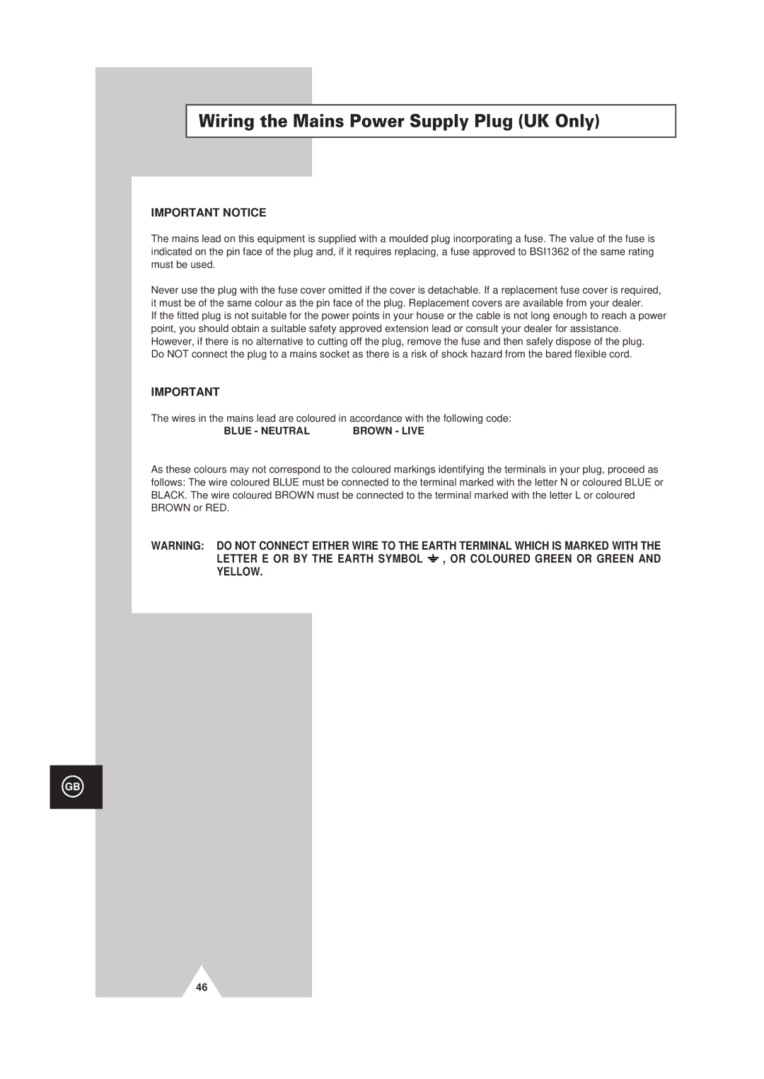 Samsung Colour TV/VCR manual Wiring the Mains Power Supply Plug UK Only, Important Notice 