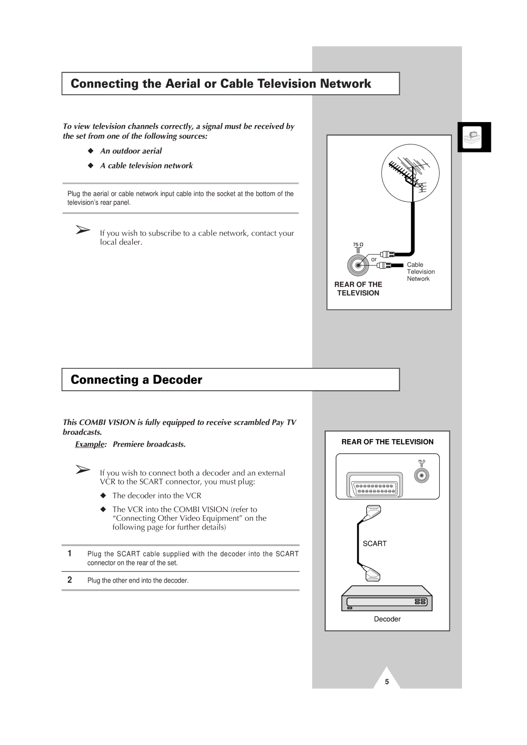 Samsung Colour TV/VCR manual Connecting the Aerial or Cable Television Network, Connecting a Decoder 