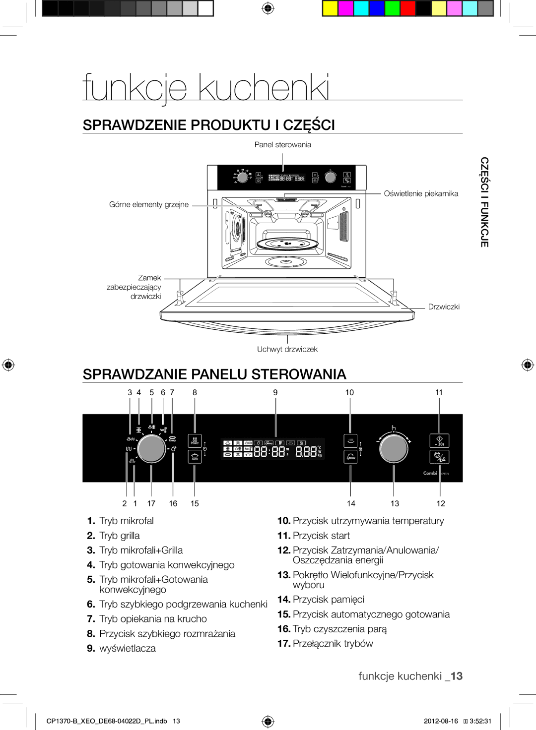 Samsung CP1370-B/XEO manual Funkcje kuchenki, Sprawdzenie Produktu I Części, Sprawdzanie Panelu Sterowania 