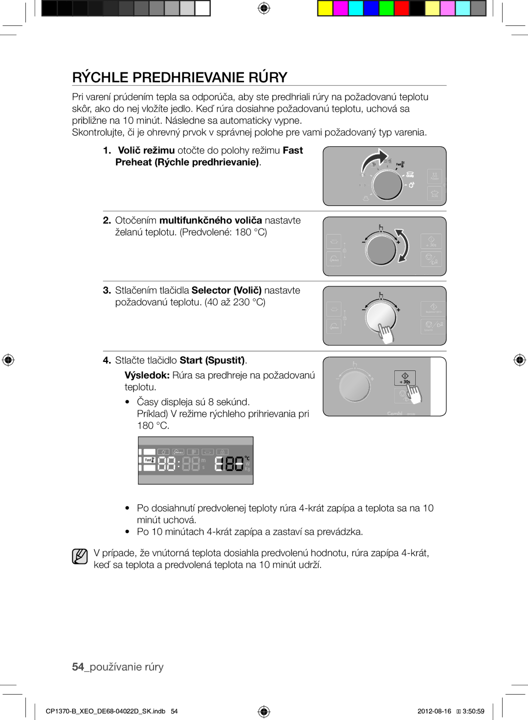 Samsung CP1370-B/XEO manual Rýchle Predhrievanie Rúry, 54používanie rúry 