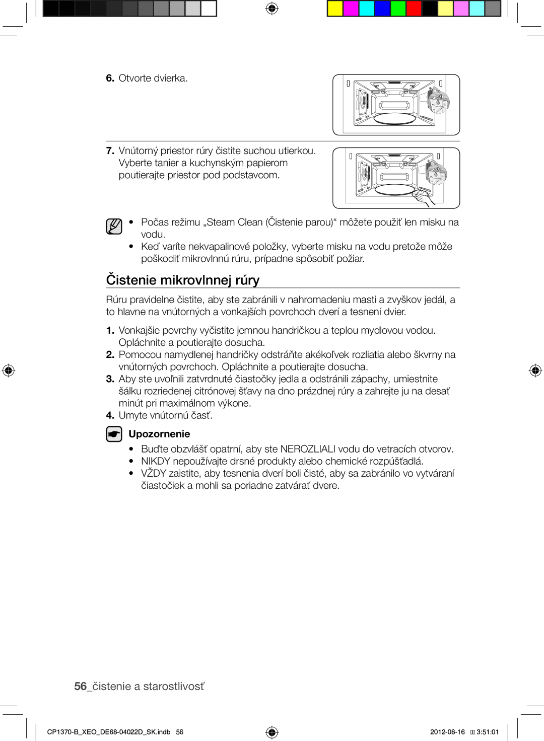 Samsung CP1370-B/XEO manual Čistenie mikrovlnnej rúry, 56čistenie a starostlivosť 