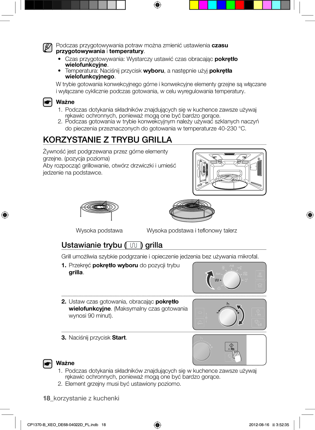 Samsung CP1370-B/XEO manual Korzystanie Z Trybu Grilla, Ustawianie trybu grilla, 18korzystanie z kuchenki, Ważne 