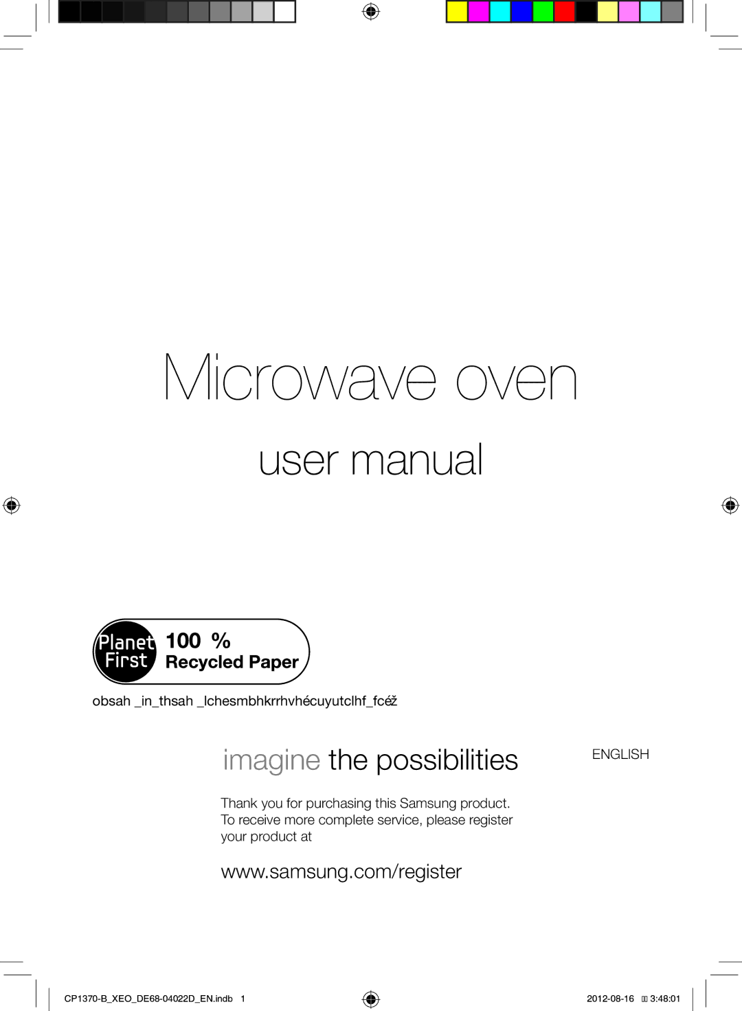 Samsung CP1370-B/XEO Microwave oven, This manual is made with 100 % recycled paper 