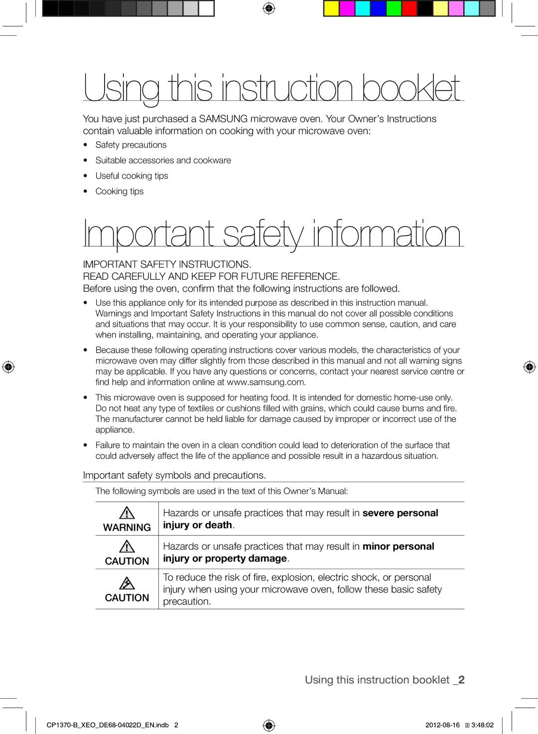 Samsung CP1370-B/XEO manual Using this instruction booklet, Injury or death, Injury or property damage, Precaution 