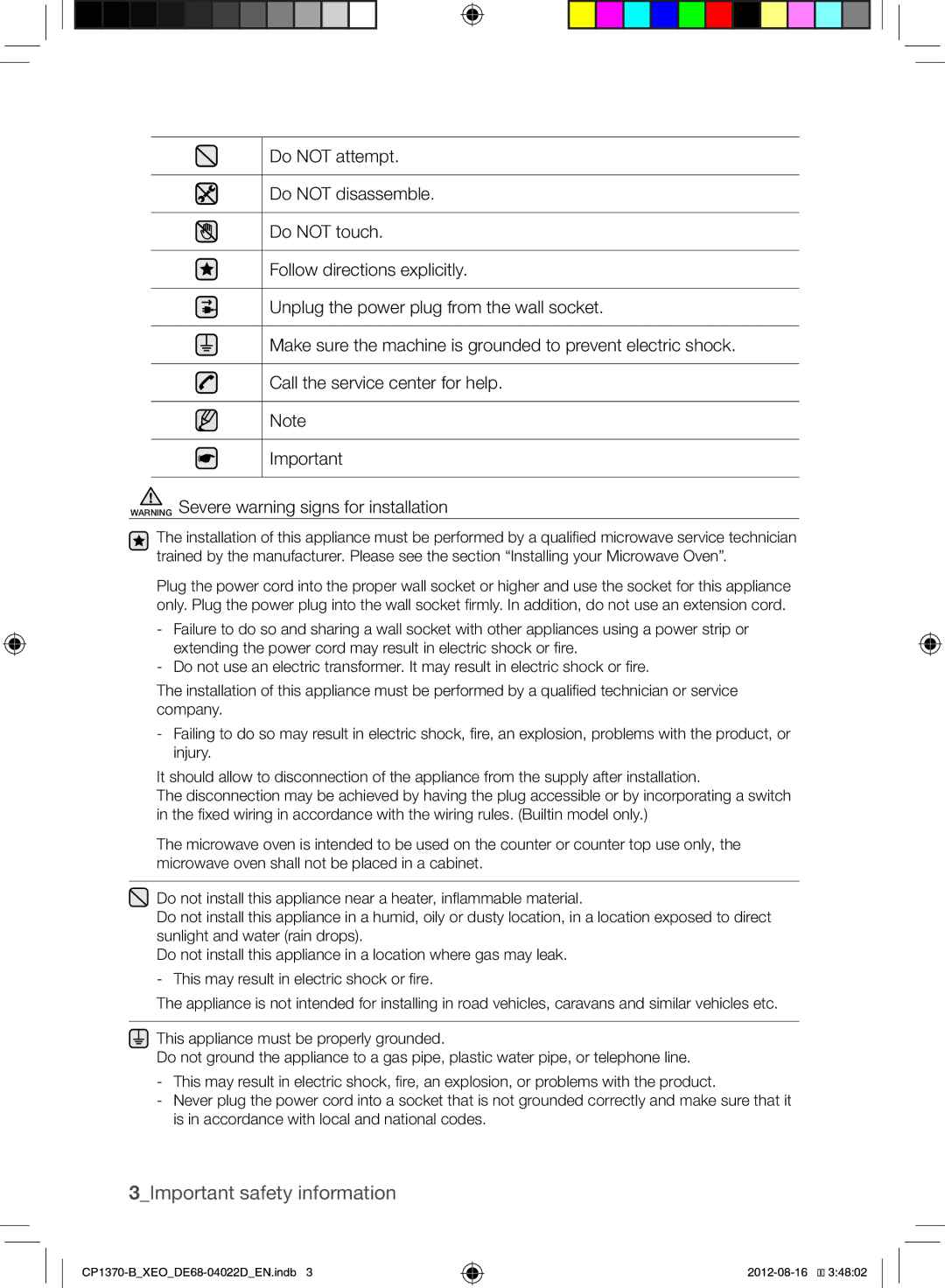 Samsung CP1370-B/XEO manual 3Important safety information 