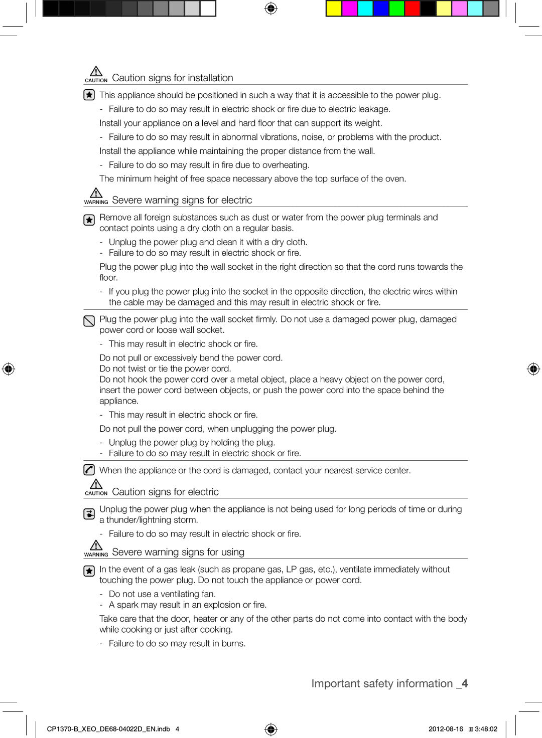 Samsung CP1370-B/XEO manual Important safety information 