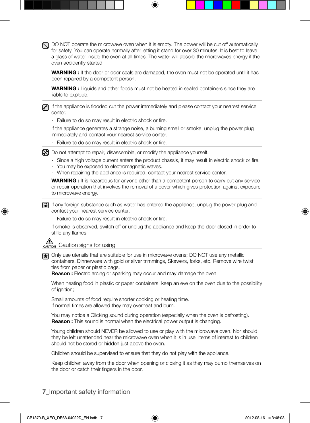 Samsung CP1370-B/XEO manual 7Important safety information 