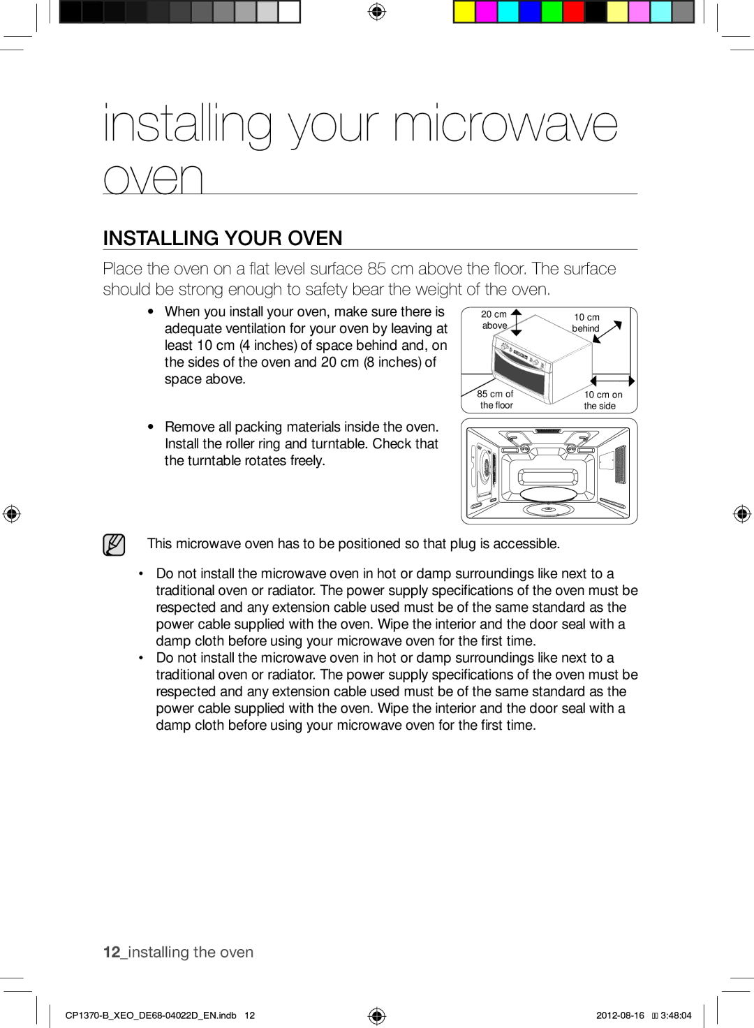 Samsung CP1370-B/XEO manual Installing your microwave oven, Installing Your Oven, 12installing the oven 