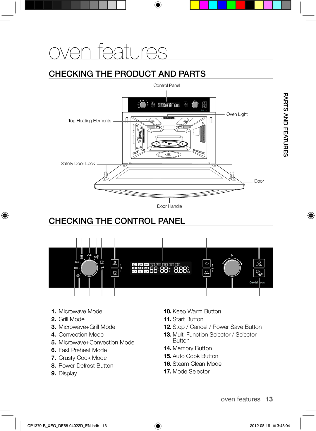 Samsung CP1370-B/XEO manual Oven features, Checking the Product and Parts, Checking the Control Panel 