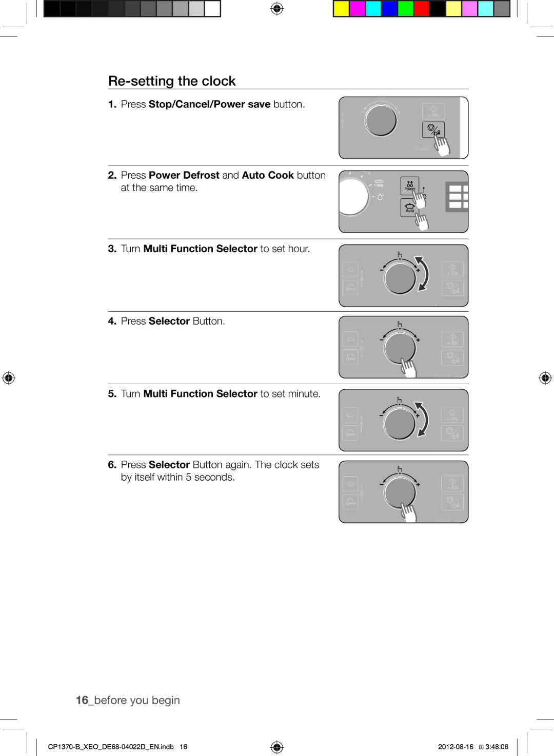 Samsung CP1370-B/XEO manual Re-setting the clock, 16before you begin, Press Selector Button 